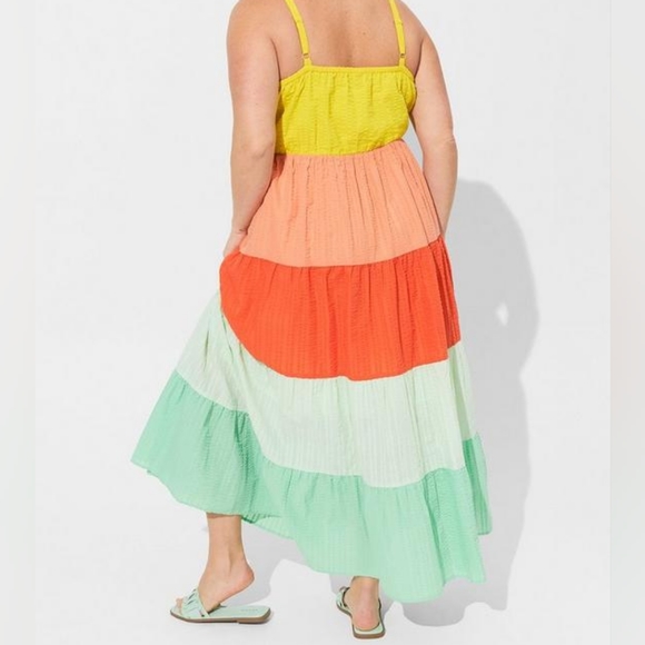 Torrid Yellow Orange Green Seersucker Colorblock Tiered Maxi Dress w poc… - Picture 2 of 5